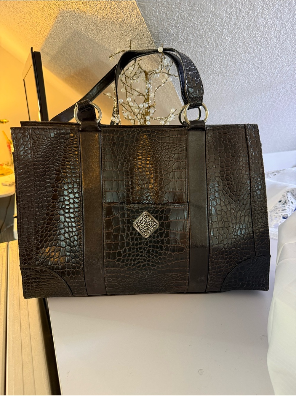 Coldwater Creek Classic Brown Croc-Embossed Tote Bag